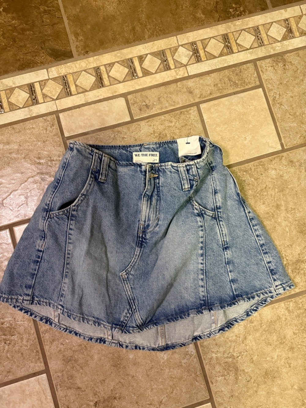 We The Free Washed Blue Denim A-Line Mini Skirt